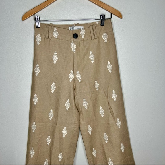 ZARA TAN LINEN BLEND EMBROIDERED WIDE LEG CULOTTE PANTS XS - Picture 3 of 6